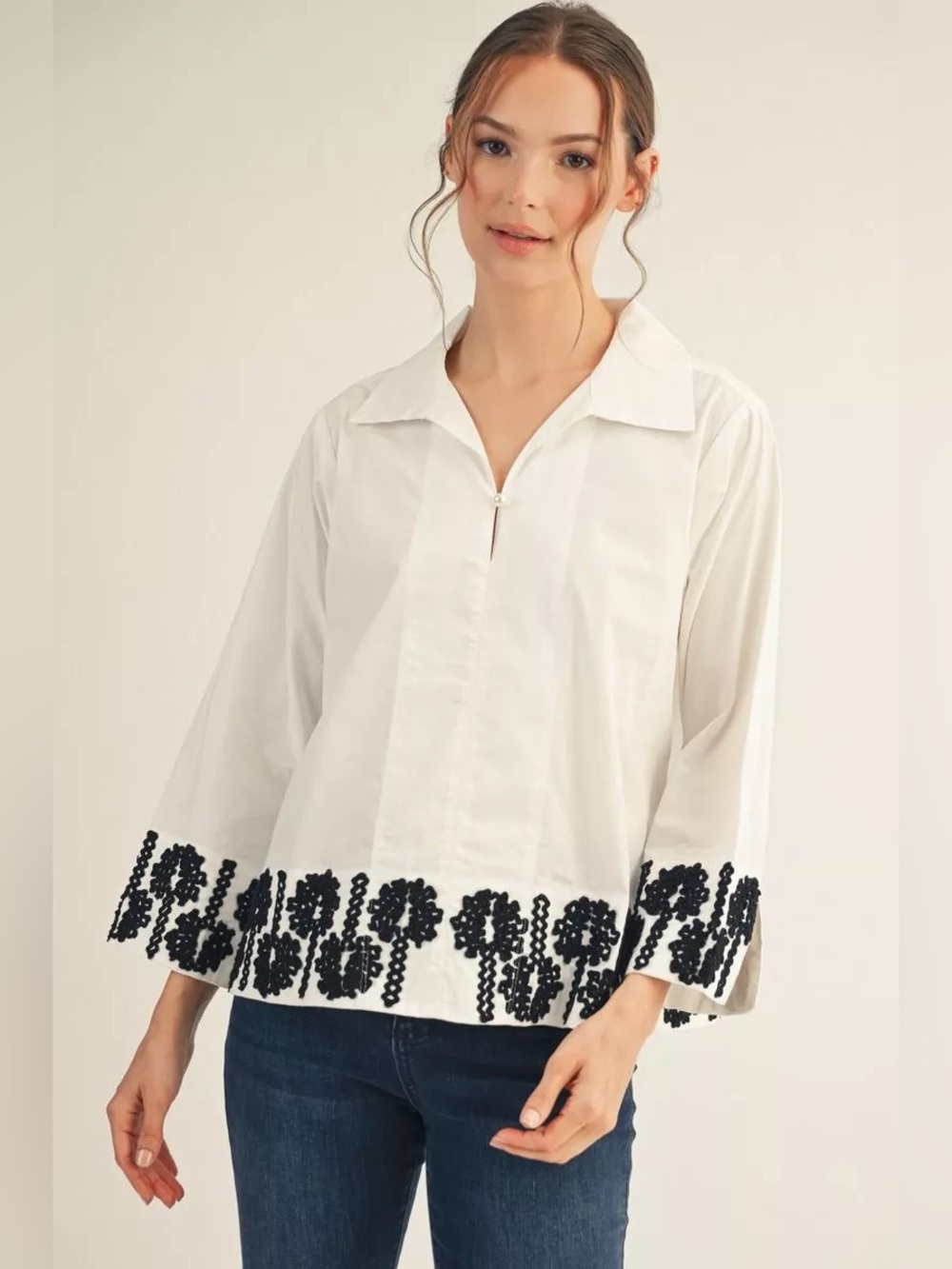 #306 New! Cotton Embroidered Hem Women's Top